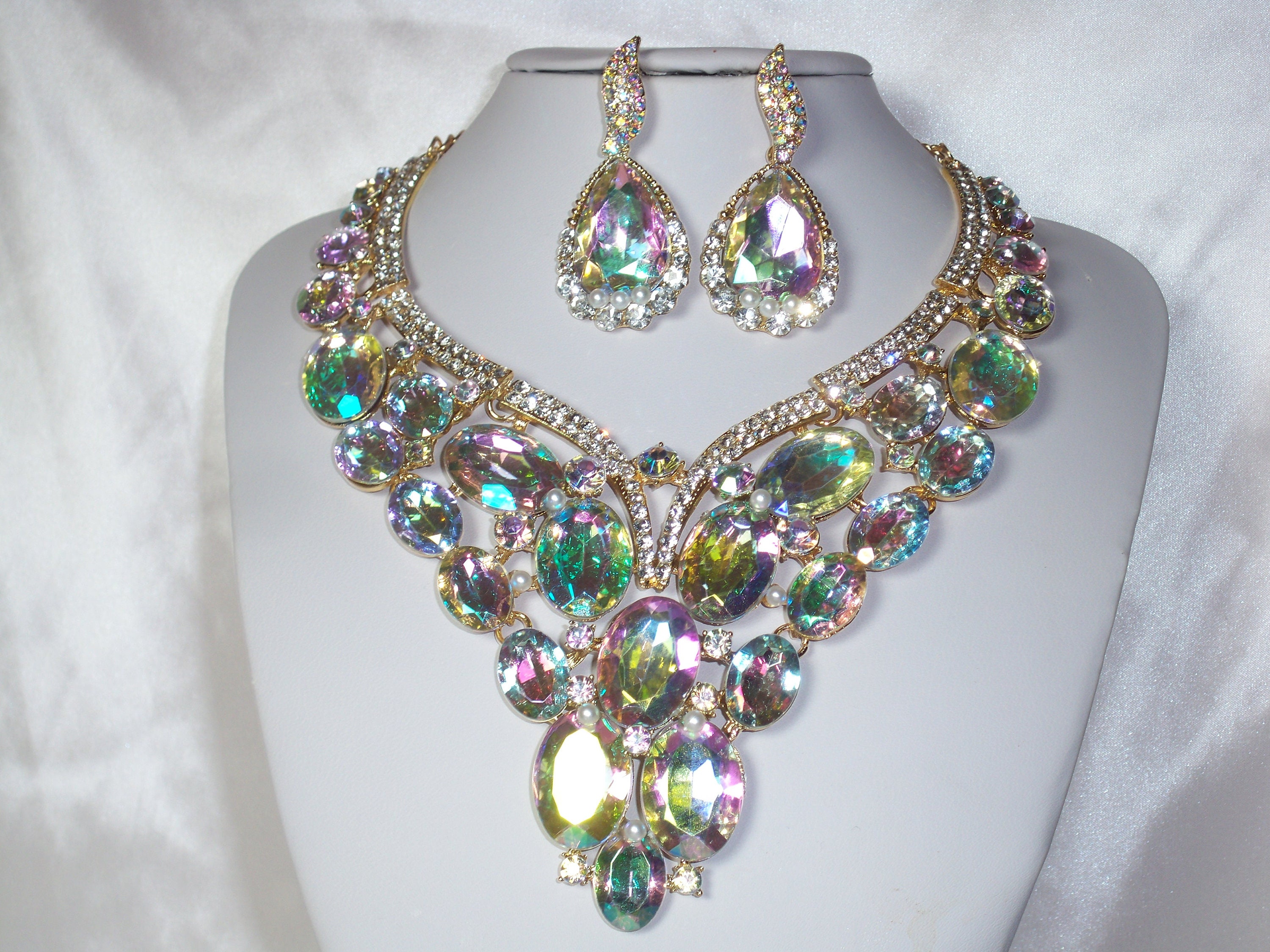 AB Bridal Jewelry Set Tiaras Earrings Necklaces Set Wedding Dress Crown Amazon.com: SWEETV Wedding Crown for Bride, 3-pack Tiara  main image 4