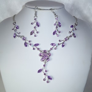 Purple rhinestone necklace jewelry set, prom Quenceanera bridal party necklace, necklace, girls necklace, flower vine rhinestone necklace