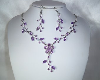 Purple rhinestone necklace jewelry set, prom Quenceanera bridal party necklace, necklace, girls necklace, flower vine rhinestone necklace