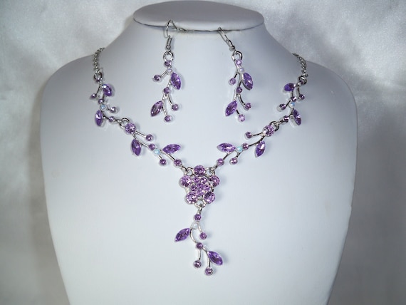Purple pink Rhinestone Necklace Jewelry Set Prom Quenceanera Bridal Party Necklace Girls Necklace Flower Vine Rhinestone Necklace Etsy