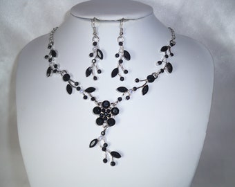 Black rhinestone necklace jewelry set, prom Quenceanera bridal party necklace,black necklace, girls necklace,flower vine rhinestone necklace