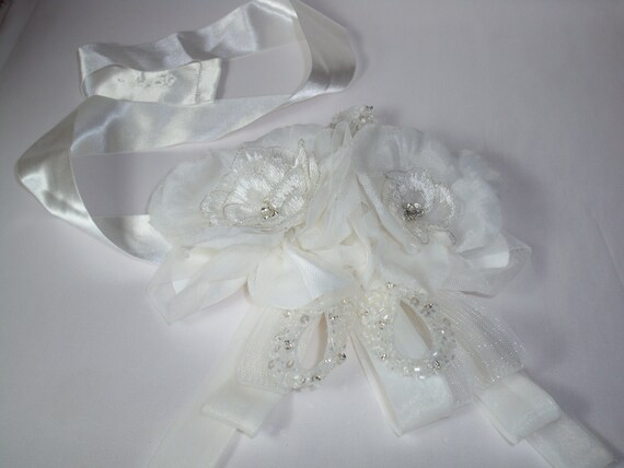 White Satin Bridal Belt with Floral and Rhinestone Details for Wedding Dress AOZUO Bridal Rhinestone Wedding Waist Belt, Thin Bling  main image 3