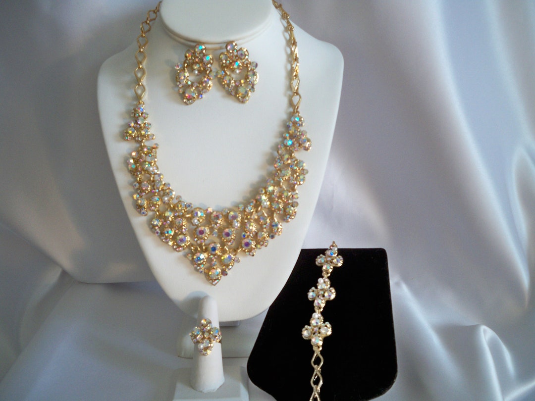 Gold AB Rhinestone Necklace Set: Bridal Prom Statement Jewelry - Etsy