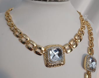 Clear gold rhinestone necklace jewelry set wedding bridal MOB prom homecoming party formal evening Quinceanera gift for her necklace jewelry