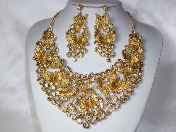 Gold champagne rhinestone butterfly necklace set, bridal MOB wedding necklace, prom party Quenceanera pageant necklace, drag queen necklace