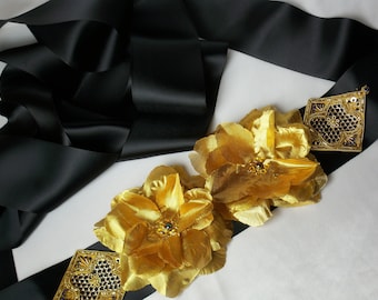 Gold Floral Bridal Belt: Black Satin Wedding Dress Sash
