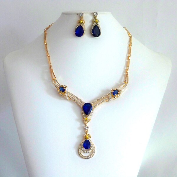 Blue sapphire tear drop necklace set, wedding bridal MOB necklace, prom homecoming party formal evening drag queen gift for her necklace set