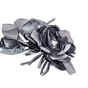 Large Satin Rose Flower Brooch: Grey & Black Corsage Pin