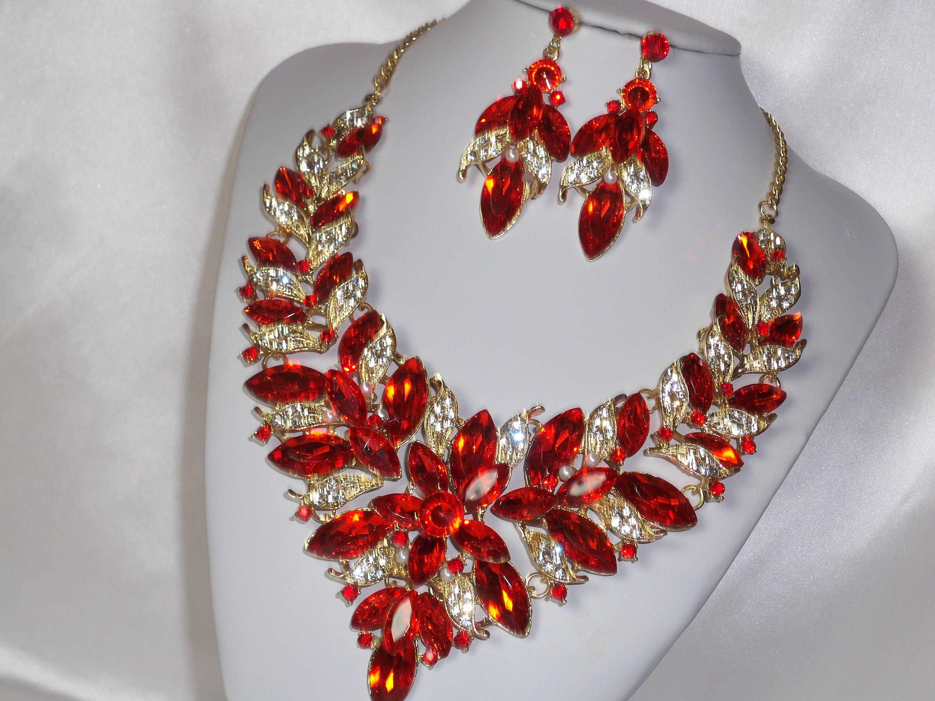 Red Rhinestone Statement Necklace & Earrings Set - Etsy