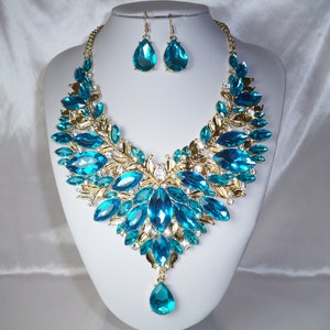 Aqua blue rhinestone necklace set, bridal wedding necklace, statement necklace, drag queen necklace,pageant necklace ballroom dance necklace image 1