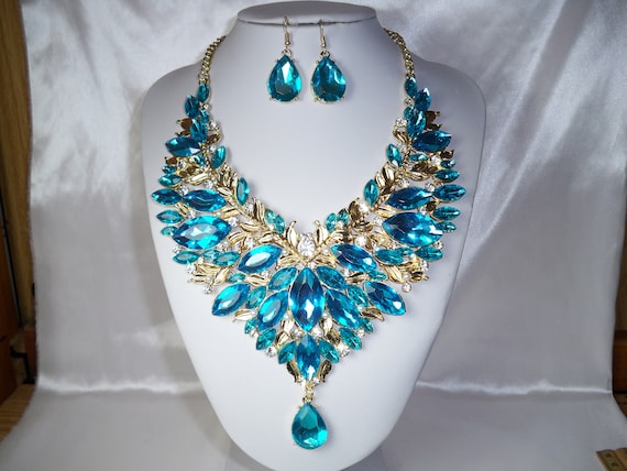 Aqua blue rhinestone necklace set, bridal wedding necklace, statement necklace, drag queen necklace,pageant necklace ballroom dance necklace