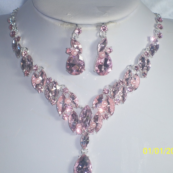 Pink rhinestone necklace earring jewelry set,Prom pageant Quenceanera wedding MOB bridal necklace,statement drag queen party formal necklace