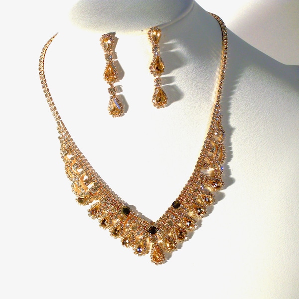 champagne tear drop rhinestone necklace set, wedding bridal MOB necklace, prom homecoming party formal evening wear drag queen necklace set