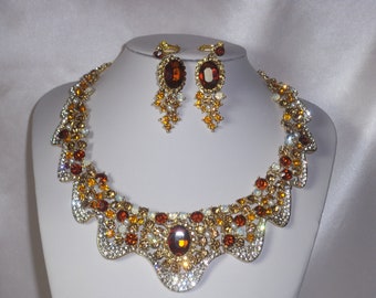 Champagne Rhinestone Necklace Earring Set: Prom Bridal Jewelry