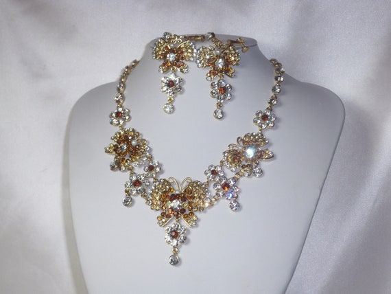 Champagne Rhinestone Butterfly Necklace Earring Set