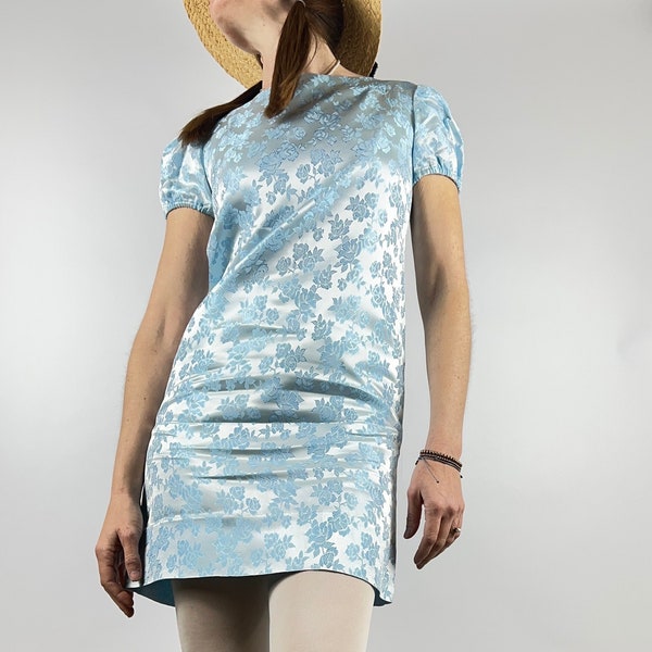 Vintage Handmade 1970’s  Baby Blue Floral Brocade Mod Mini Dress. Swinging London Style