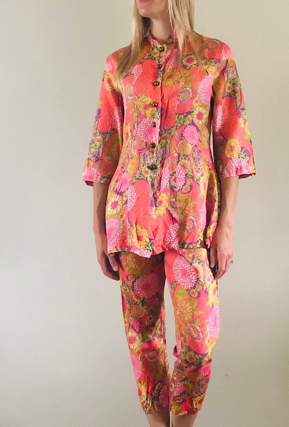 Vintage Glam Floral 2-Piece Pant Pajama Set: Loll 