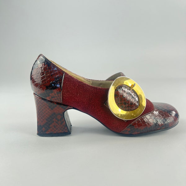 Vintage 1960's Suede Loafers with Chunky Heel, 60's Mod Shoes, Suede and Snake Skin Print, Size 4 - Women