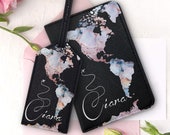 Passport Holder Leather Luggage Tag Travel Set Custom Rose Gold Marble World Map Travel Document Cover Wallet Organizer Wedding Gift TU1313