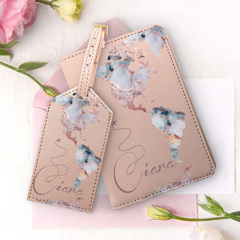Rose Gold Passport Holder World Map Leather Luggage Tag Travel Etsy UK