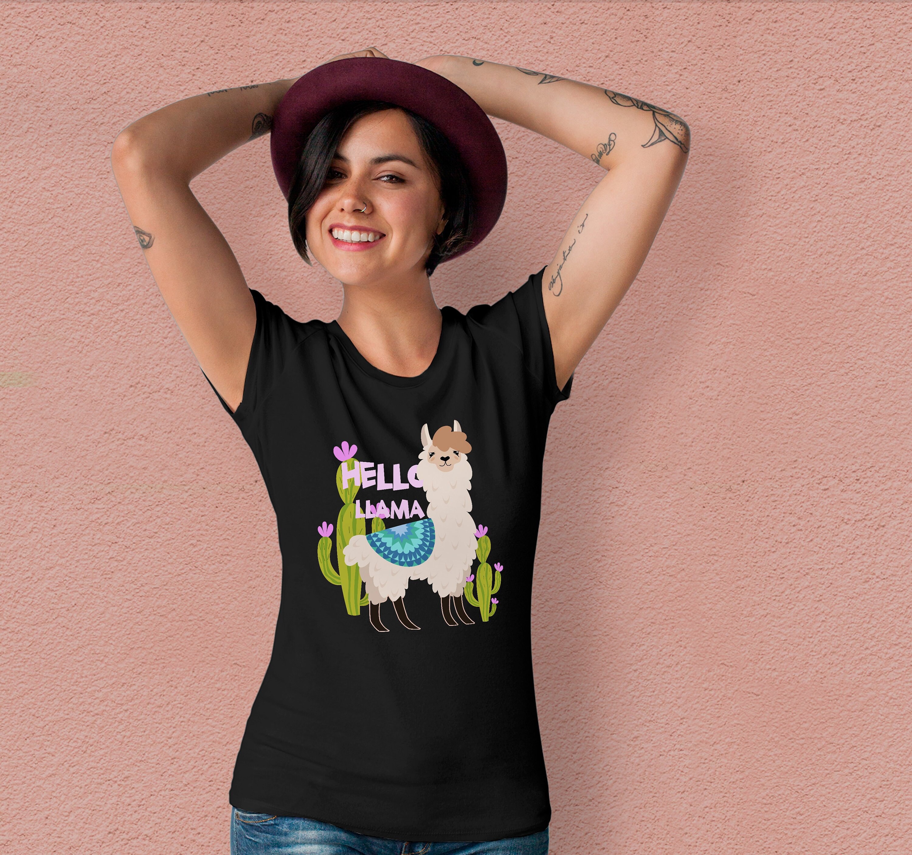 Image of Hello Llama Shirt Clipart Graphic Tee Print Gift Alpaca Cactus Boho For Her Good Vibes Vacation Tu1165