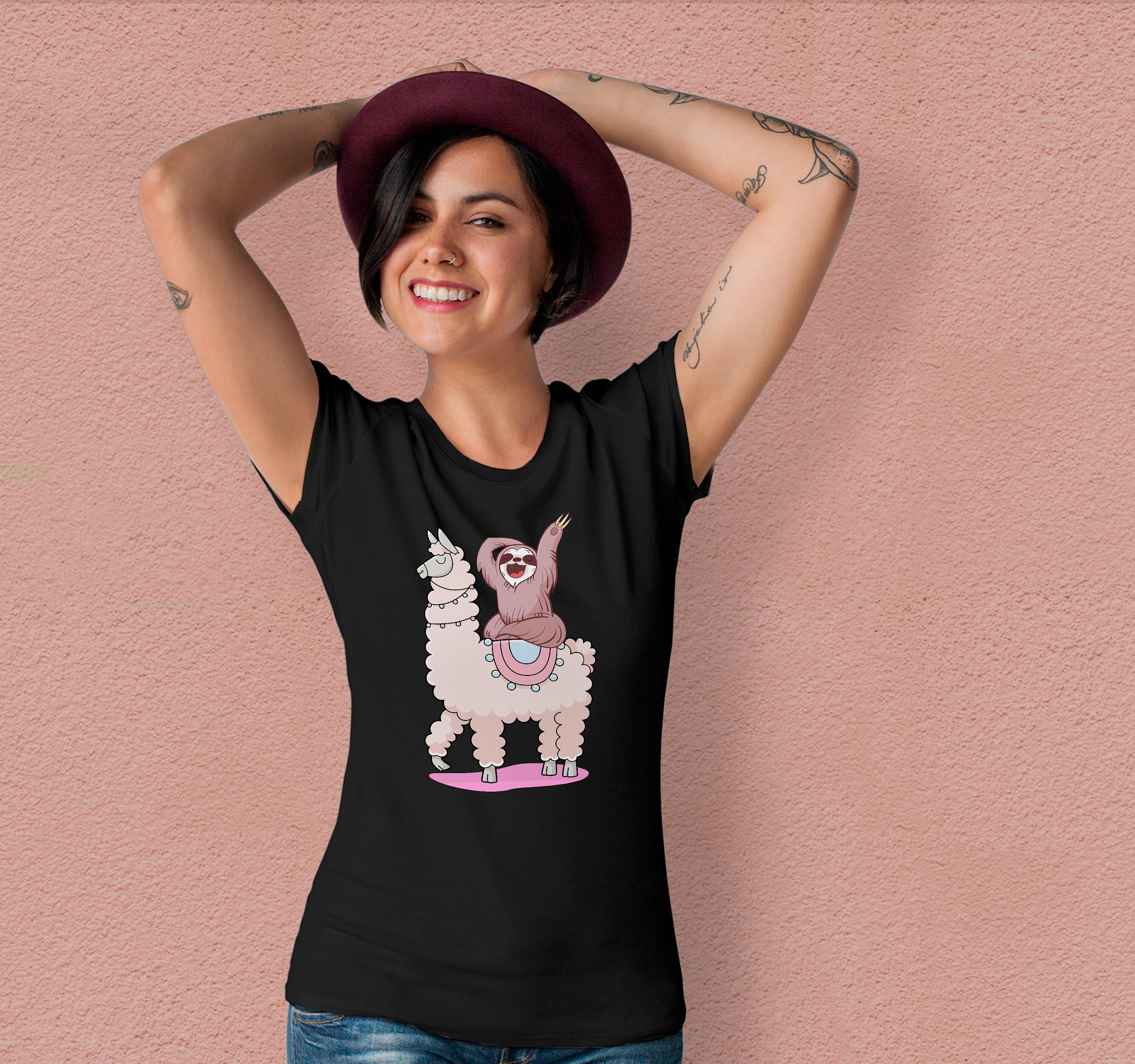 Image of Llama Sloth Yoga Tshirt Unisex Sizes Graphic Tee Tumblr Clothing Alpaca T Shirt Animals Festival Family Outfit Tu1230