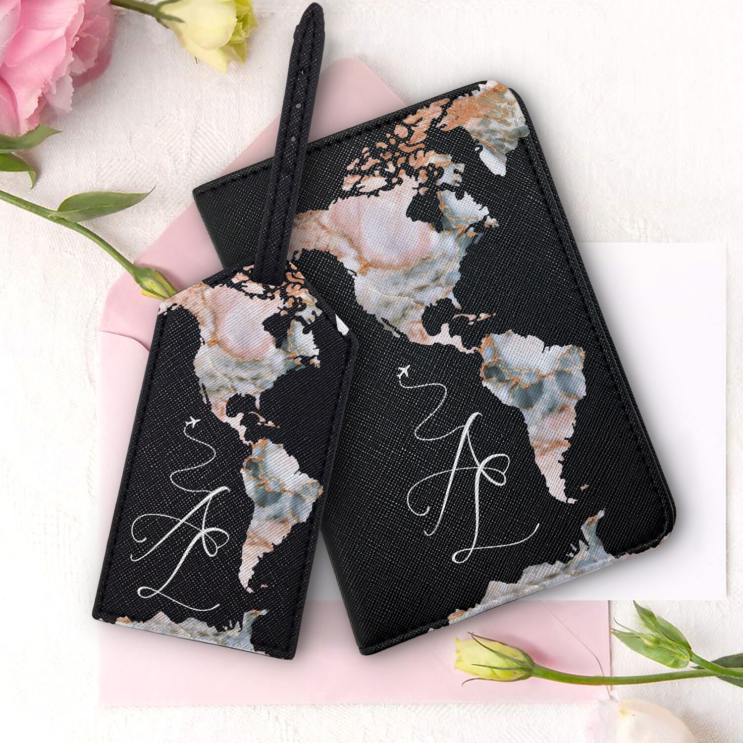 Travel Set Wallet World Map Custom Passport Holder Luggage Tag Etsy