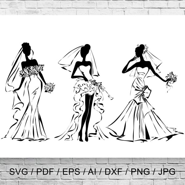 Bride Vectors Set cricut svg Wedding svg cutting file Wedding Dress SVG Bride Silhouette Bundle Upload dxf Ai Pdf YP1354