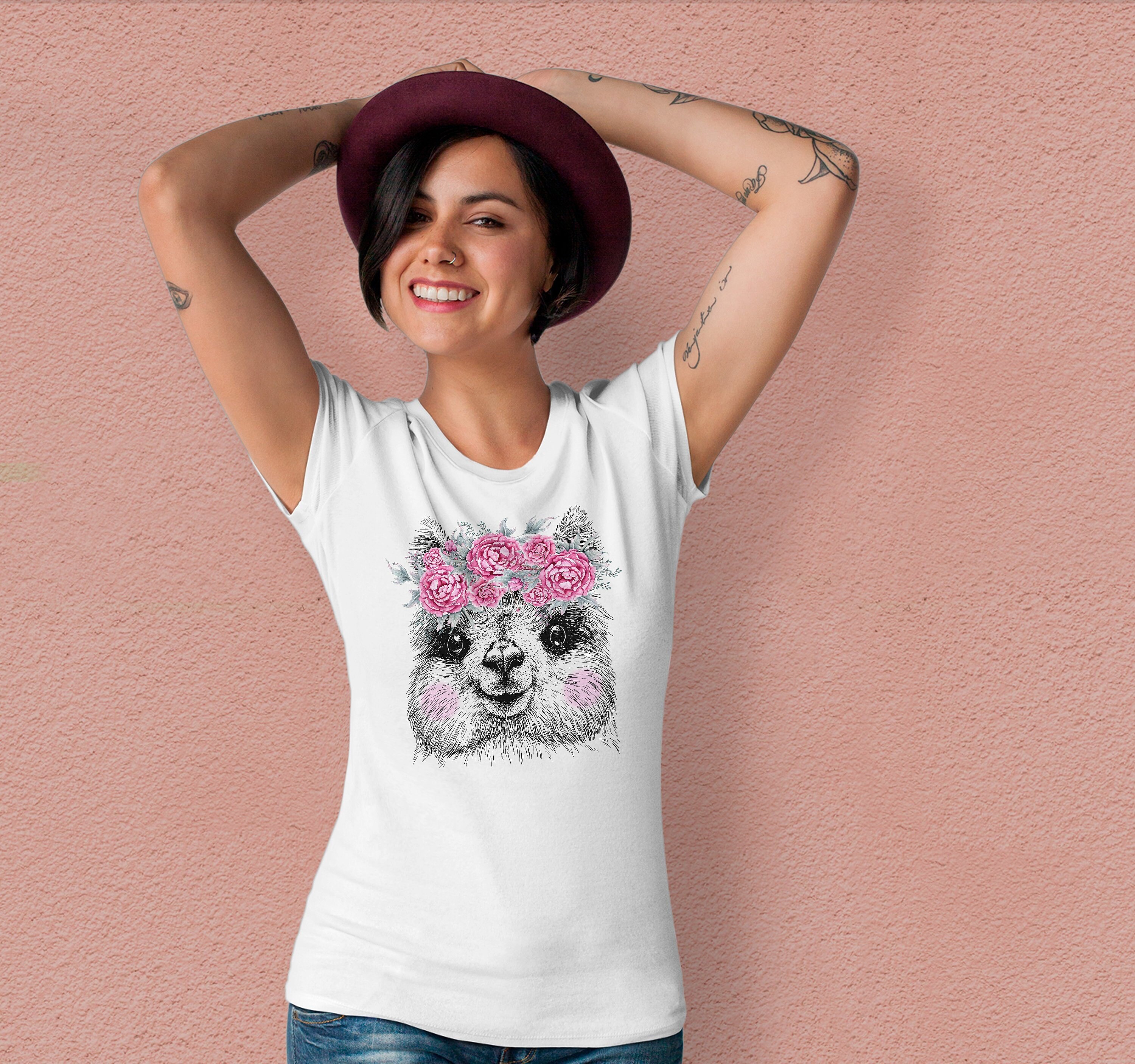 Image of Cute Alpaca Shirt Rose Flowers Print Funny Llama Tee Women Unisex Graphic Animal White Lovers Tu1147