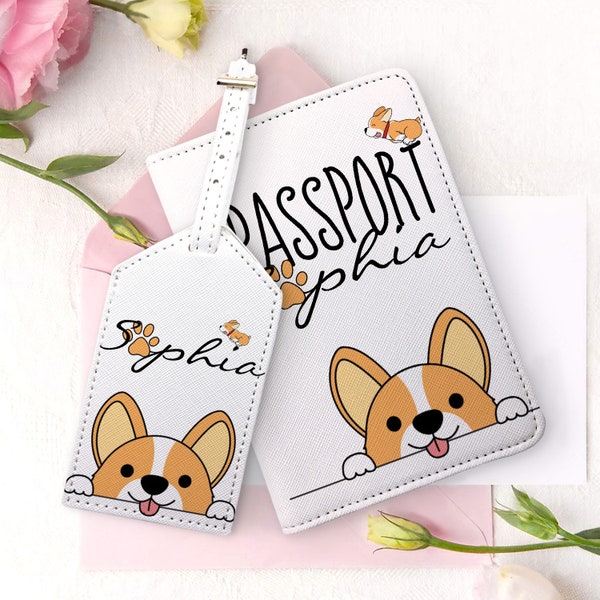 Mignon Corgi personnalisé passeport porte bagage étiquette cadeau pour son document protecteur animal chien amant passeport couverture voyage ensemble sac tag TU1312