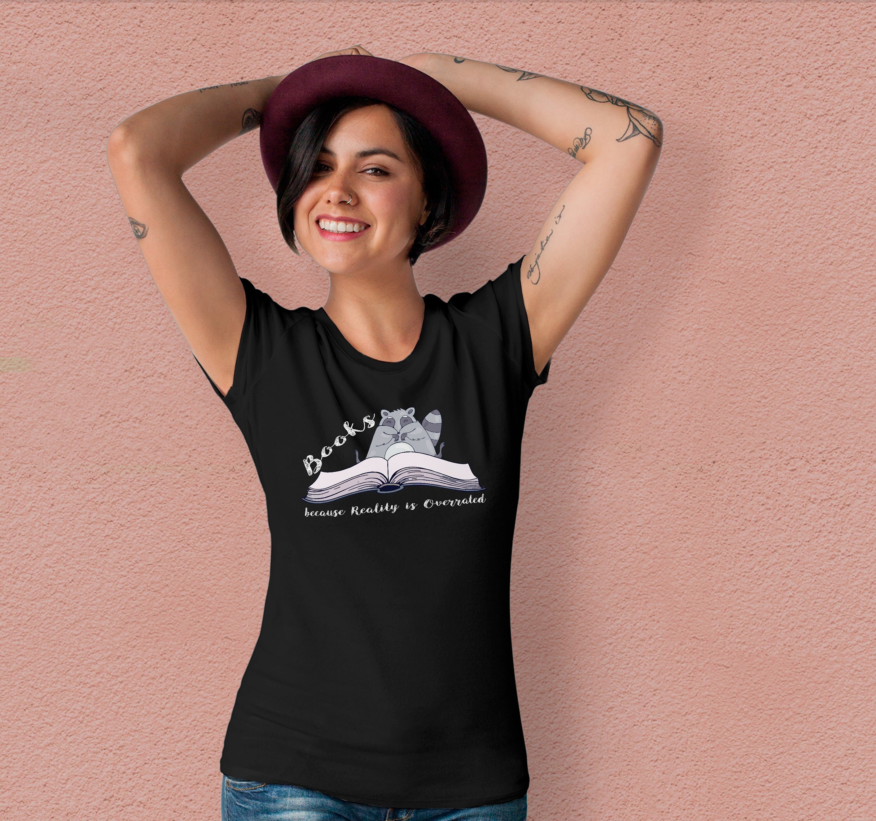 Image of Book Shirt Cute Raccoon Books Lover Gift Animal Print T Reality Is Overrated Funny Quote Graphic Tee Tu1151