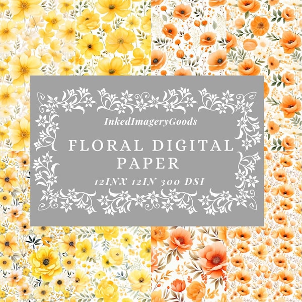 Premium PNG Seamless Yellow and Orange Floral Watercolor Digital Papers - Set of 8 - Ready for Commercial Use - 12"x12" 300DSI