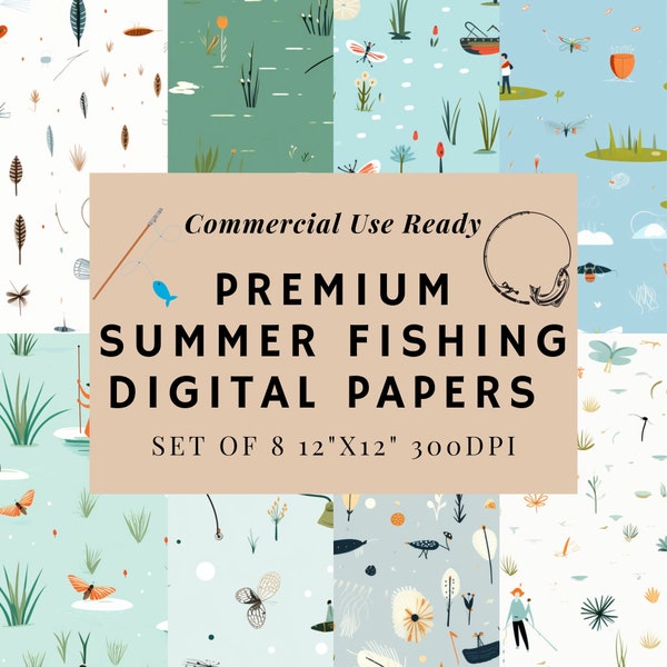 Premium PNG Seamless Summer Fishing Digital Papers - Set of 8 - Ready for Commercial Use - 12"x12" 300DSI