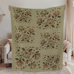 Sage Green Blanket Throw Cottagecore Botanical Floral Design Decorative Throw For Couch Magnolias Flower Pattern Ideal For Floral Lovers