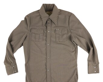 Chemise à carreaux vintage des années 1970 pour hommes, grandes perles occidentales, bouton pression marron