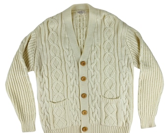 Vintage 1980s Ivory Gimbels Mens Grandpa Sweater Fisherman Cardigan