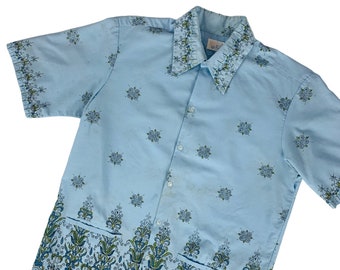 Vintage 70s Short Sleeve Men's Large Blue Border Print Shirt Button Down Batik AS IS