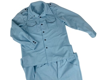 Vintage 1970s Baby Blue Leisure Suit Farah Mens Shirt Pants Matching Set