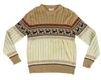 Vintage 80s Winter Sweater Men's Large Deer Fair Isle Tan Cable Knit Pullover Jantzen