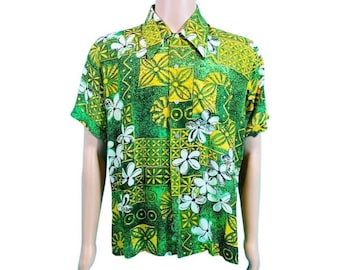 Vintage 60s Hawaiian Shirt Men's Extra Large Green Rayon Tiki Button Down Aloha