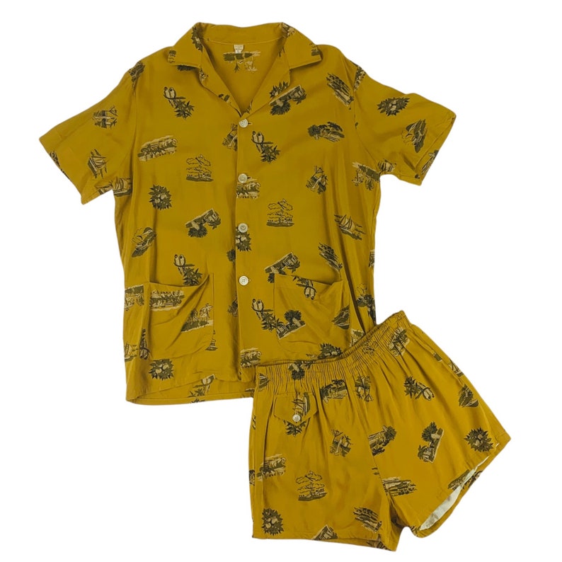 Vintage 1940s Cabana Set Men's Large Vacation Novelty Print Mustard Shirt Swim Trunks Shorts image 1