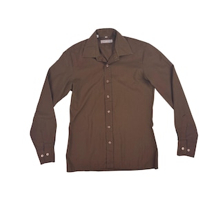 Vintage 80s Brown Button Down Mens Size Small Solid Long Sleeve Work Shirt