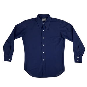Vintage 70s Navy Blue Shirt Mens Size Large Sheer Polyester Long Sleeve Button Down