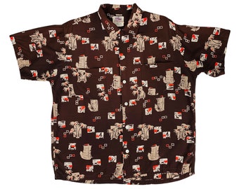 Vintage 1940s Rayon Shirt Men&#39;s XL Tropical Palm Tree Print Short Sleeve Duke Champion Kahanamoku