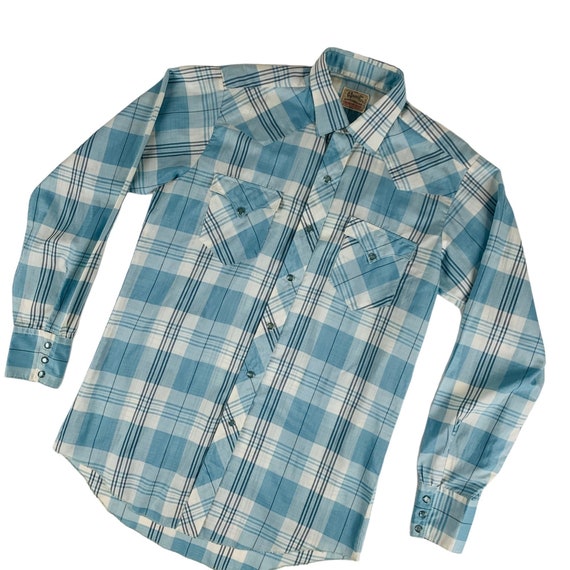 Vintage Blue Plaid Western Mens Shirt H Bar C Ranchwear Button Down | C 44" View 6