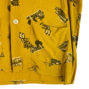 Vintage 1940s Cabana Set Men's Large Vacation Novelty Print Mustard Shirt Swim Trunks Shorts image 5