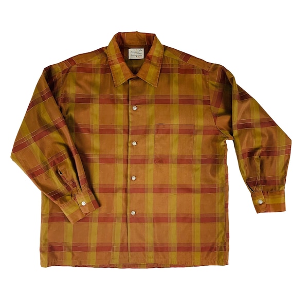 Vintage 1960s Brown Gold Plaid Men's Dress Shirt Loop Collar Button Down