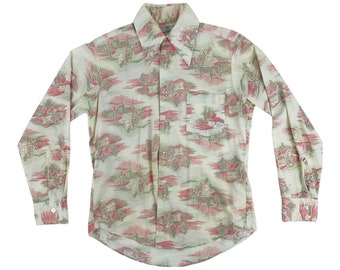 Vintage 1970s Scenic Novelty Print Button Down Mens Countryside Pink Green Shirt | C 44"