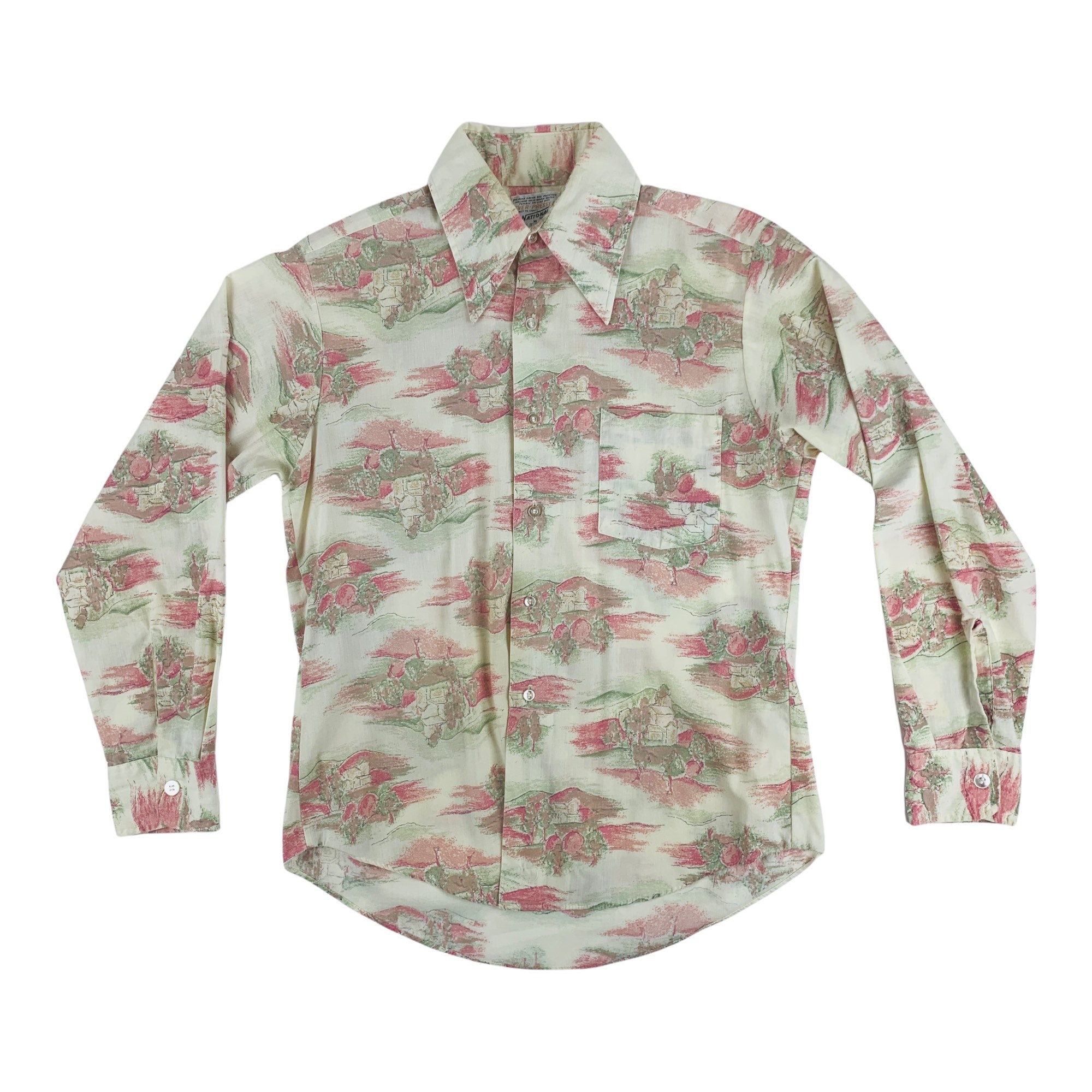 Vintage 1970s Scenic Novelty Print Button Down Mens Countryside Pink ...