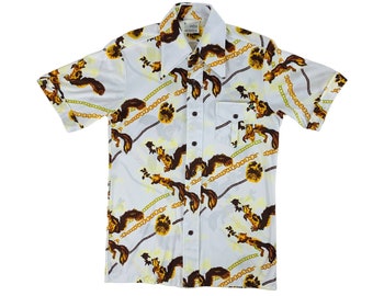 Vintage 70s Squirrel Shirt Men's Medium Novelty Chain Print Polyester Short Sleeve By Martini